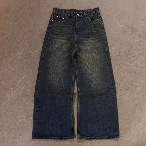 DARK NAVY WIDE LEG BAGGY DENIM WAIST 34 FLAT